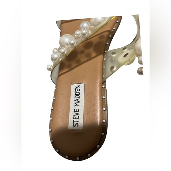 Size 9 Steve Madden Pearl-Embellished Clear Strap Slide Sandals - Nude/Tan - Picture 8 of 8